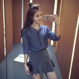 2016夏季新款韩版时尚条纹套装裙女宽松衬衫上衣鱼尾短裙裤两件套