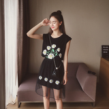 夏季新款2016韩版中长款宽松网纱连衣裙女两件套时尚休闲套装裙子