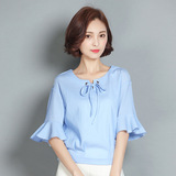 2016夏季新款韩版气质淑女喇叭袖中袖荷叶边雪纺衫上衣女短袖