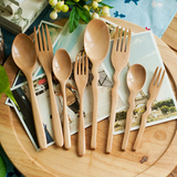 zakka创意天然原木环保日式餐具长柄曲柄木勺子木叉子大小号套装
