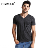 Simwood2016夏季新款男士贴口袋纯色t恤潮男个性V领纯棉短袖简约