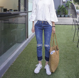 韩国杂志 Simida 裤子 破洞拼色显瘦八分牛仔裤 微喇叭裤 女 包邮