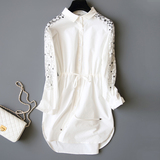 2016春季新款纯棉透视蕾丝拼接白色收腰系带中长款长袖休闲衬衫女