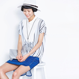 云上生活2016夏季新款条纹衬衫女短袖上衣韩国宽松中长款C4510