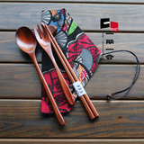 包邮木质环保筷子便携木制餐具套装学生旅行木勺子5件套日式布袋