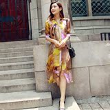 2016夏季新款欧洲站高端货双层真丝印花长裙单排扣衬衣式连衣裙