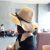 韩国新款纯手工编织草帽 可折叠黑带帽子 大沿沙滩帽夏天女遮阳帽