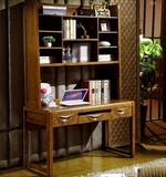 纯橡木家具连体办公桌简约中式实木书桌组合电脑桌写字台带书架