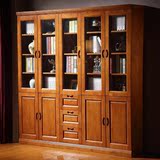 中式橡木纯实木书柜书房储物柜玻璃书橱书房家具三门五门实木柜子