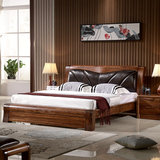 现代中式实木床乌金木全实木床1.8高档真皮靠背双人床高箱储物床