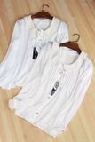 B3032日单夏季女新款韩版纯色镂空钩花娃娃领单排扣长袖雪纺衬衫