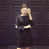 韩国正品新款davida修身珍珠长袖气质珍珠镂空高腰小黑裙连衣裙