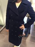 美国代购Burberry女装 2016新款女士羊毛大衣双排扣修身长款外套