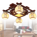 中式实木陶瓷吸顶灯4头正方形客厅餐厅卧室灯复古茶楼灯具木艺LED