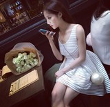 韩国2016女装新款修身显瘦人造棉连衣裙 小清新蓬蓬裙背心裙子夏