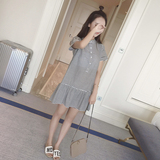 YULA韩国夏学生鱼尾裙摆裙子学院风显瘦短袖中长款条纹衬衫连衣裙