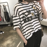 韩国东大门正品代购2016春装新款宽松大码做旧印花条纹短袖T恤女