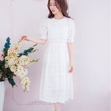 2016夏季森女韩版白色短袖蕾丝学生长裙修身显瘦白色大摆连衣裙仙