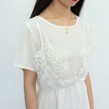 DCN夏装定制 复古vintage纯白色蕾丝拼接短袖高腰假两件连衣裙