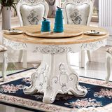 欧式天然大理石圆餐桌椅组合实木白色法式雕花圆餐台饭桌子带转盘