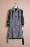 韩国单杂线格子图案雪纺8分袖有腰带连衣裙灰蓝色