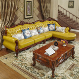 简美欧式真皮沙发 美式转角沙发 新古典实木雕花 L型大小户型家具