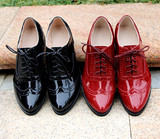 英伦女鞋真皮春夏韩版学院复古风漆皮平底粗跟女单鞋牛津布洛克鞋