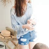 现货特惠 2016夏款韩国正品代购女装Cherrykoko天蓝条纹翻领衬衫
