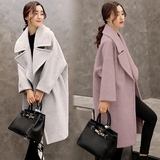 韩版冬装粉色茧型中长款女翻领加厚棉妮子羊毛呢外套羊绒呢子大衣