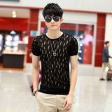 夏季男士韩版修身圆领t恤短袖冰丝镂空男装纯色半袖青年体恤衫潮