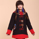 【促销包邮】民族风女装 中国风中式亚麻印花中长款棉袄棉衣外衣