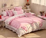 韩式可爱床品四件套全棉纯色纯棉蕾丝斜纹粉色公主床套件床裙床罩