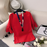 2016夏季新款韩版圆领短袖荷叶边上衣女纯色宽松喇叭袖雪纺衫中袖