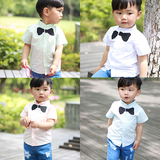 韩版新款婴儿衣服儿童翻领短袖衬衣男女宝宝长袖百搭假领结衬衫