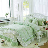 韩式田园家纺纯棉床品四件套 褶皱荷叶边床裙 淡绿色清新床上用品
