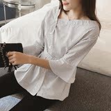 嫣瑜-eu40 新款2016春装韩版女装V领带腰带斜纽扣条纹衬衫D-04