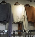 韩国代购秋新品复古纯色短款灯笼袖不规则兔毛套头毛衣针织衫女