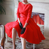 欧美2016春季新品中长款大码收腰显瘦红色蓬蓬连衣裙女大摆礼服裙