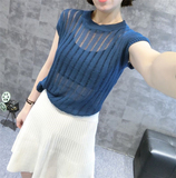欧洲站欧货2016夏韩版女装圆领纯色微透直筒短袖冰丝针织T恤上衣