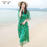 16夏季中长款碎花沙滩裙韩版大码修身短袖雪纺真丝波西米亚连衣裙