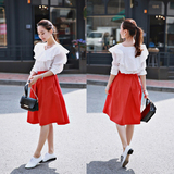现货 韩国代购正品女装2016年夏季甜美纯红色A字版半身裙
