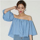 韩国 chic风复古性感露肩一字领短款荷叶边衬衫 夜店喇叭袖娃娃衫