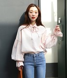 韩国 chic复古宫廷风系带喇叭袖长袖白衬衫 气质甜美灯笼袖娃娃衫