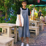 夏装2016韩国ulzzang少女学院风条纹高腰系带背带长裙连衣裙女