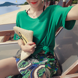 2016夏装新款女装韩版纯色简约百搭宽松大圆领短袖T恤潮bf风绿色