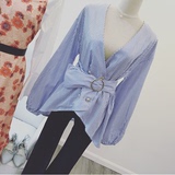 新款2016春夏时尚韩版气质女装V领带腰带蓝白条纹百搭衬衫上衣潮