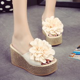 拖鞋女夏时尚坡跟韩版厚底超高跟松糕防水台花朵一字型女式拖凉鞋