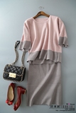 韩国订单 夏季新款针织衫拼色短袖上衣+半身裙两件套女套装小清新