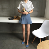 2016夏季韩国简约V领大口袋装饰显瘦气质百搭休闲棉麻条纹衬衫女