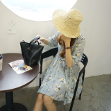 韩国2016夏季大V领设计少女收腰唯美花朵印花图案气质半袖连衣裙